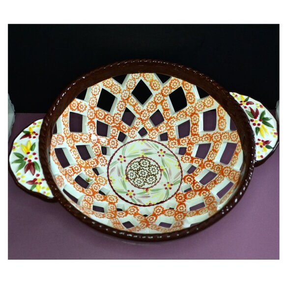 Temptations Lattice Work Basket Ceramic Bowl Brown Orange Kitchen Bakeware Decor - Picture 5 of 8